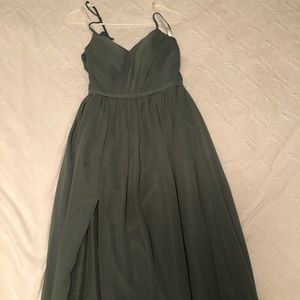 Azazie Cora bridesmaid dress in Eucalyptus size A6, altered to 5’6” + small heel